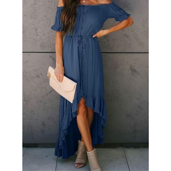 NEW Chambray Blue Off The Shoulder Casual Dress High Low XS - Picture 1 of 7